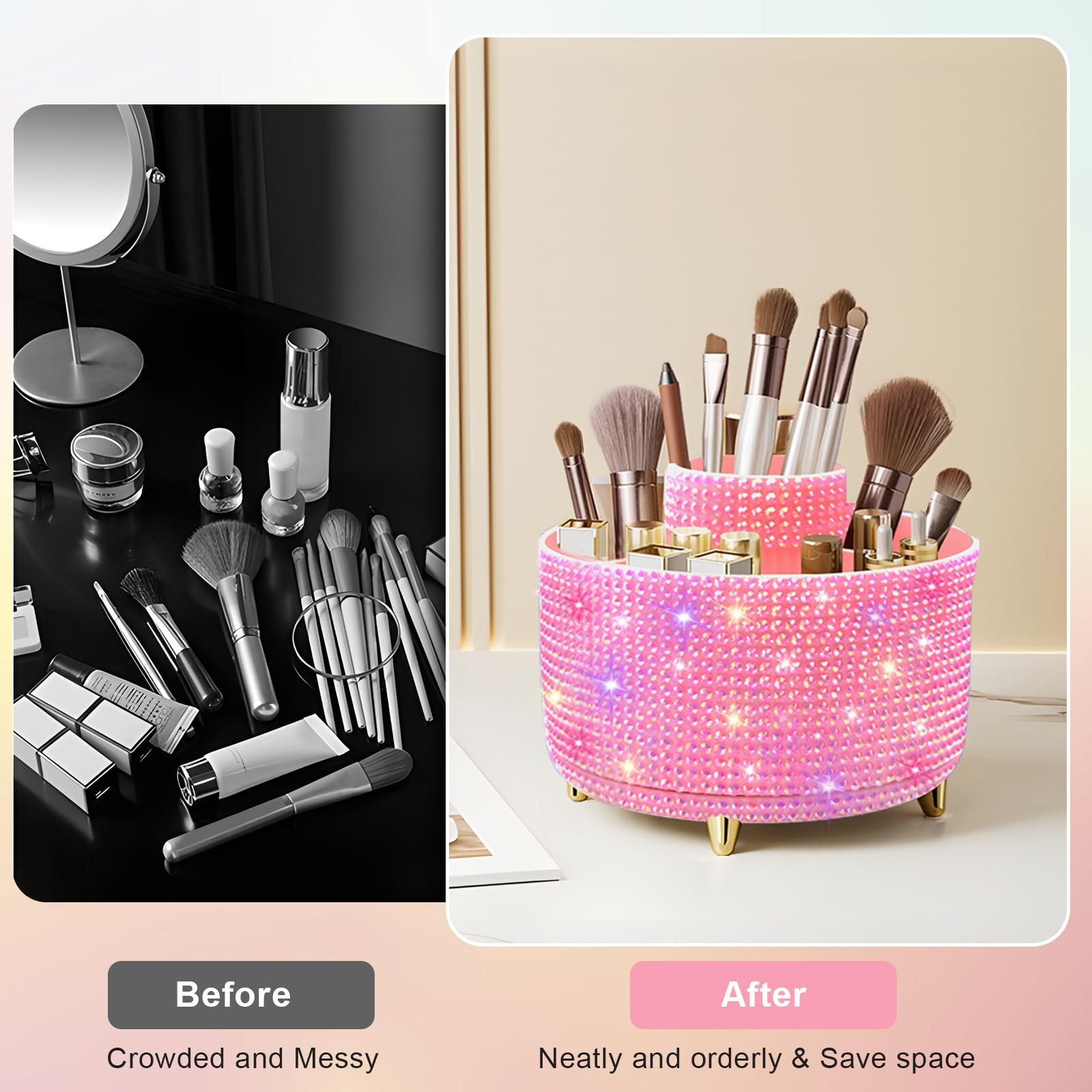 Makeup Brush Holder Organizer,360° Rotating Makeup Brush Organizer,5 Slot Make up Brushes Cup for Cosmetics, Nail Polish, Art Supply, Bathroom Vanity Desktop Organizer - Black