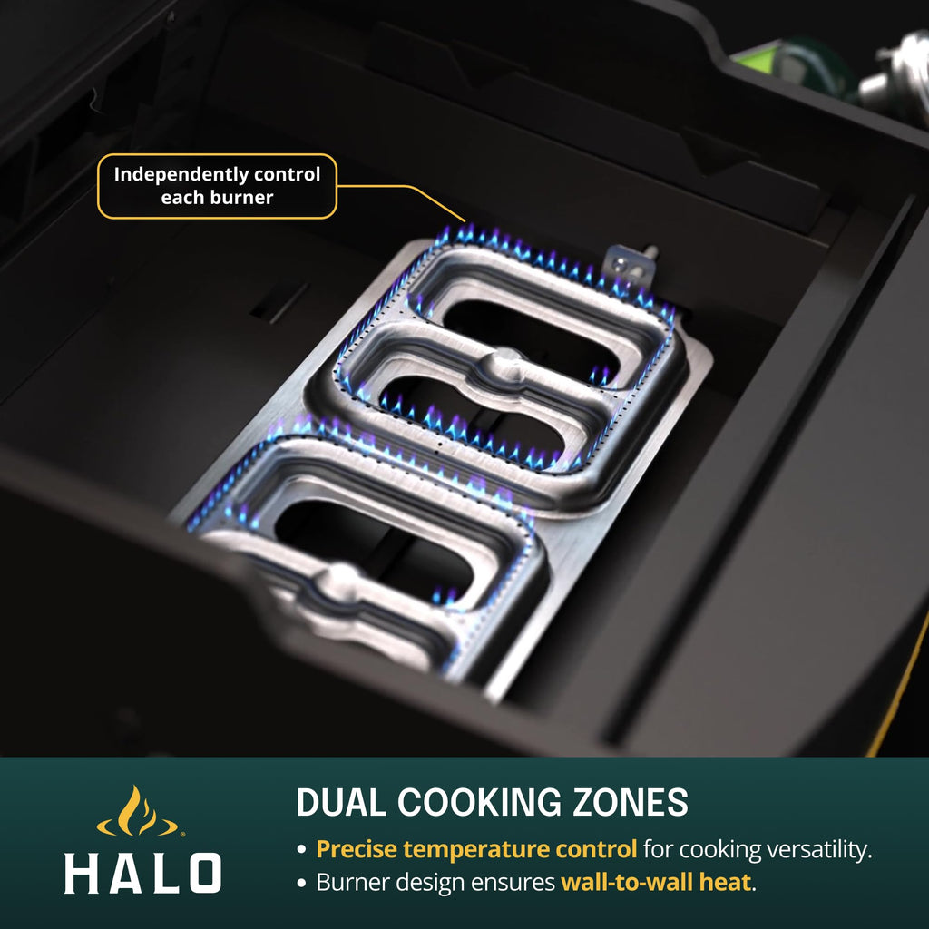 HALO Elite1B Outdoor Griddle | 2 Cooking Zones | 284sq. In. (21″ x 13.53″) Wind-Proof Cooking Surface | Portable Flat Top for Camping, Tailgates, and Patios | Propane Gas Grill | HZ-1007-ANA