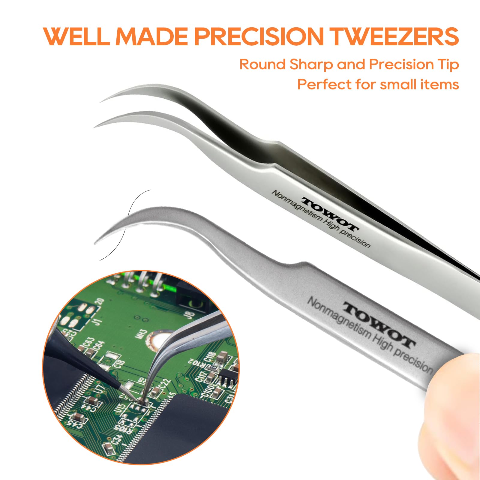 Precision Tweezers, Stainless Steel Pointed Ultrafine Tweezers for Craft, Electronics, Soldering, Experimental Work, Jewelry-Making, Non-Magnetic Industrial Tweezers, by TOWOT