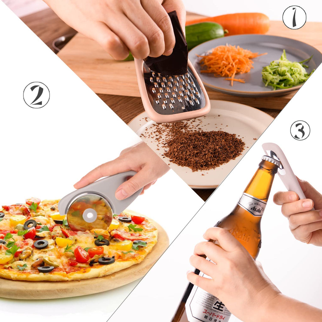 5 Pieces Kitchen Gadgets Set - Space Saving Cooking Tools Accessories Cheese Chocolate Grater, Fruit Vegetable Peeler, Bottle Opener, Pizza Cutter, Burlap Bags with Drawstring Gift Set