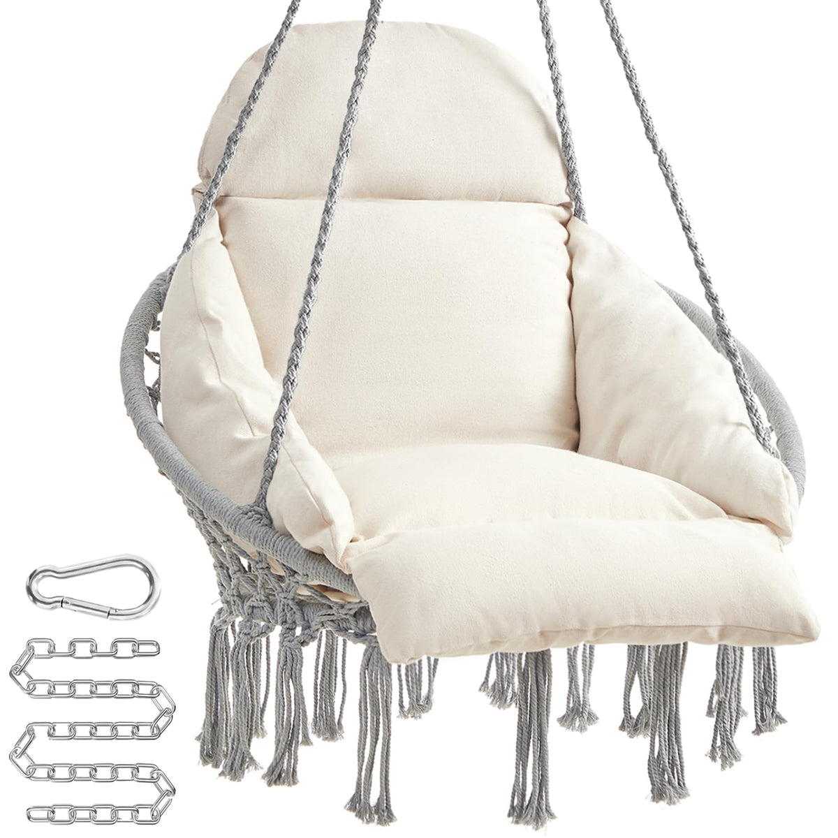 SONGMICS Hanging Chair, Hammock Chair with Large, Thick Cushion, Boho Swing Chair for Bedroom, Patio, Balcony, Garden, Holds up to 264 lb, Accessories Included, Cream White UGDC042M01