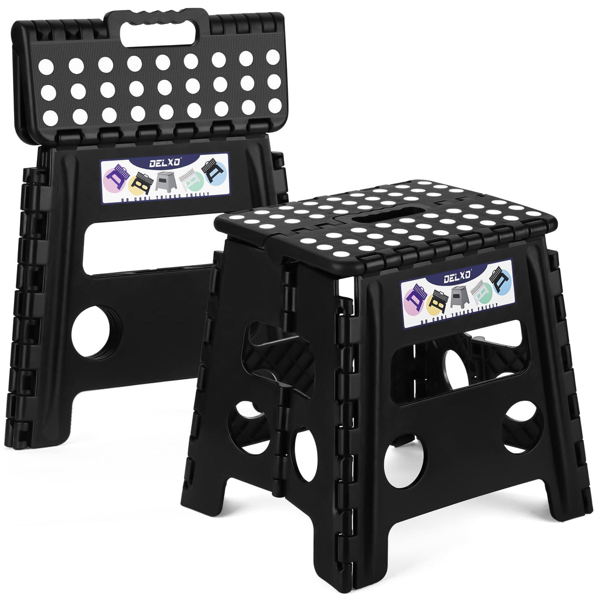 Delxo 11 inch 2 Pack Folding Step Stool, Non-Slip Foldable Stools Up to 300 LBS, Step Stool with Handle, Lightweight Collapsible stools for Kitchen, Bathroom, Bedroom, Garden (Black)