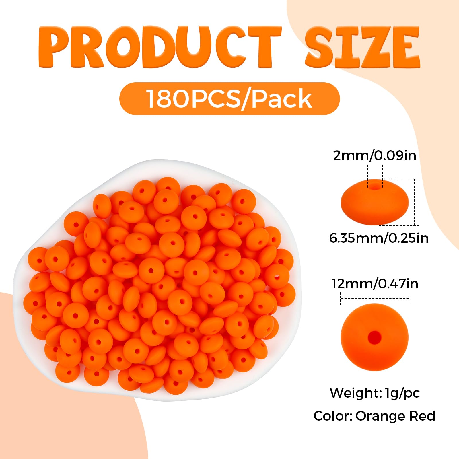 FIVEIZERO 180PCS Silicone Lentil Beads,12mm Spacer Beads | Flexible Silicone, 2mm Hole Design, Easy to Thread, Fade Resistant, Easy to Clean