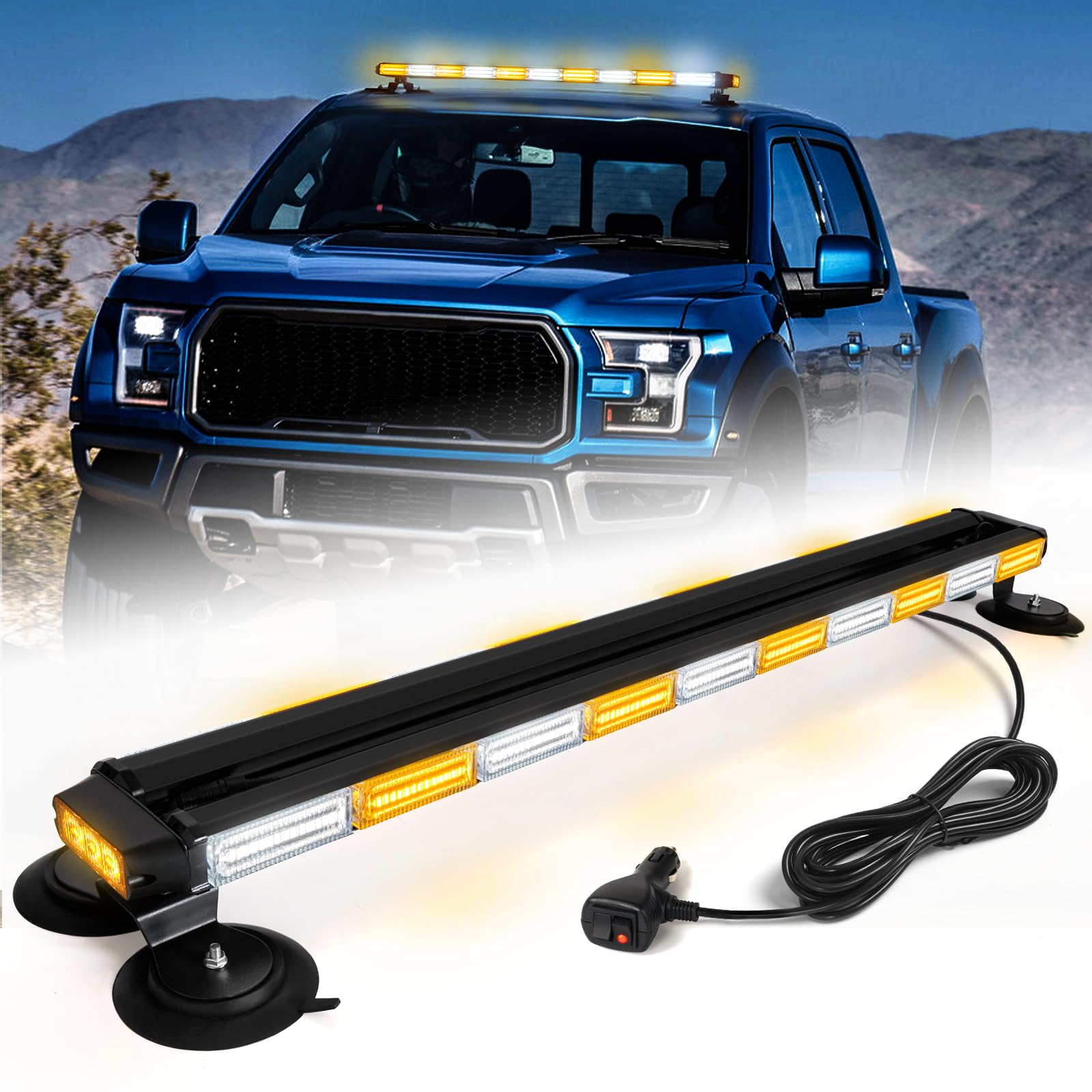 42" Roof Top Strobe Light Bar Amber White Emergency Traffic Advisor Lights, Double Side Warning Safety Flashing w/Magnetic Mount for Construction Vehicles Plow Trucks Pickup, Amber/White