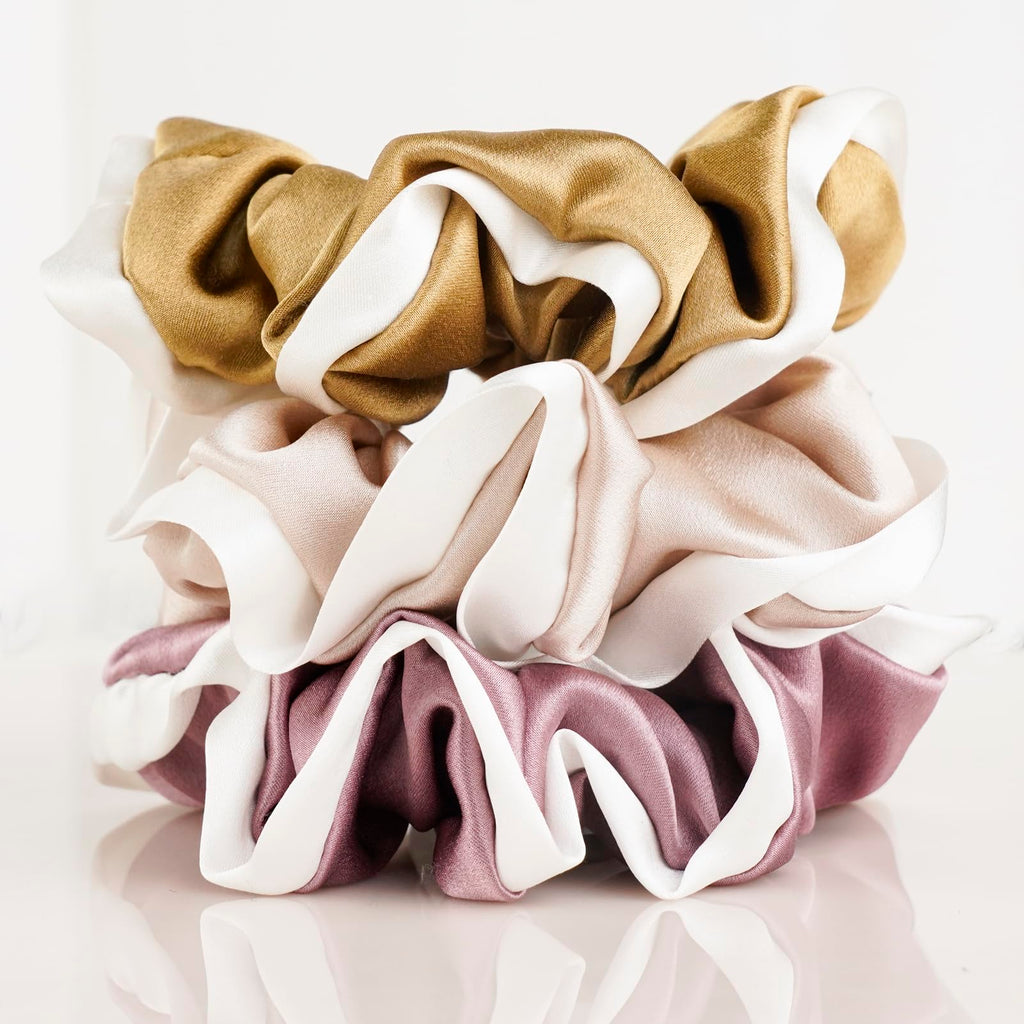Silk Scrunchies for Hair 100% Mulberry Silk Hair Ties（Silver gray, Dark gray, Pink）