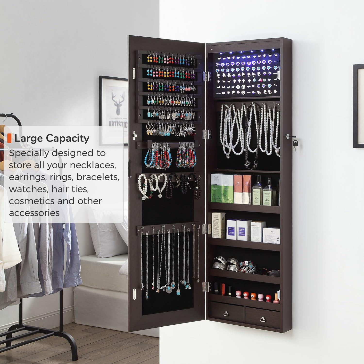 GISSAR Full Length Mirror Jewelry Cabinet, 6 LEDs Jewelry Armoire Wall Mounted Over The Door Hanging, Jewelry Organizer Storage with Lights Lockable, Black, 14.6" x 47.2"