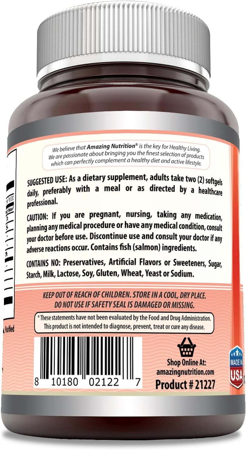 Amazing Omega Wild Alaskan Salmon Oil Supplement | 2000 Mg per Serving | 180 Softgels | Non-GMO | Gluten-Free | Made in USA