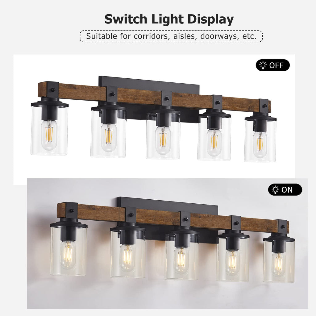 DUJAHMLAND Farmhouse Vanity Light Fixture,3-Light Bathroom Wood Wall Light Over Mirror with Clear Glass Shade, Rustic Vintage Wall Sconce Lighting.(Antique Wood, 3-Light)