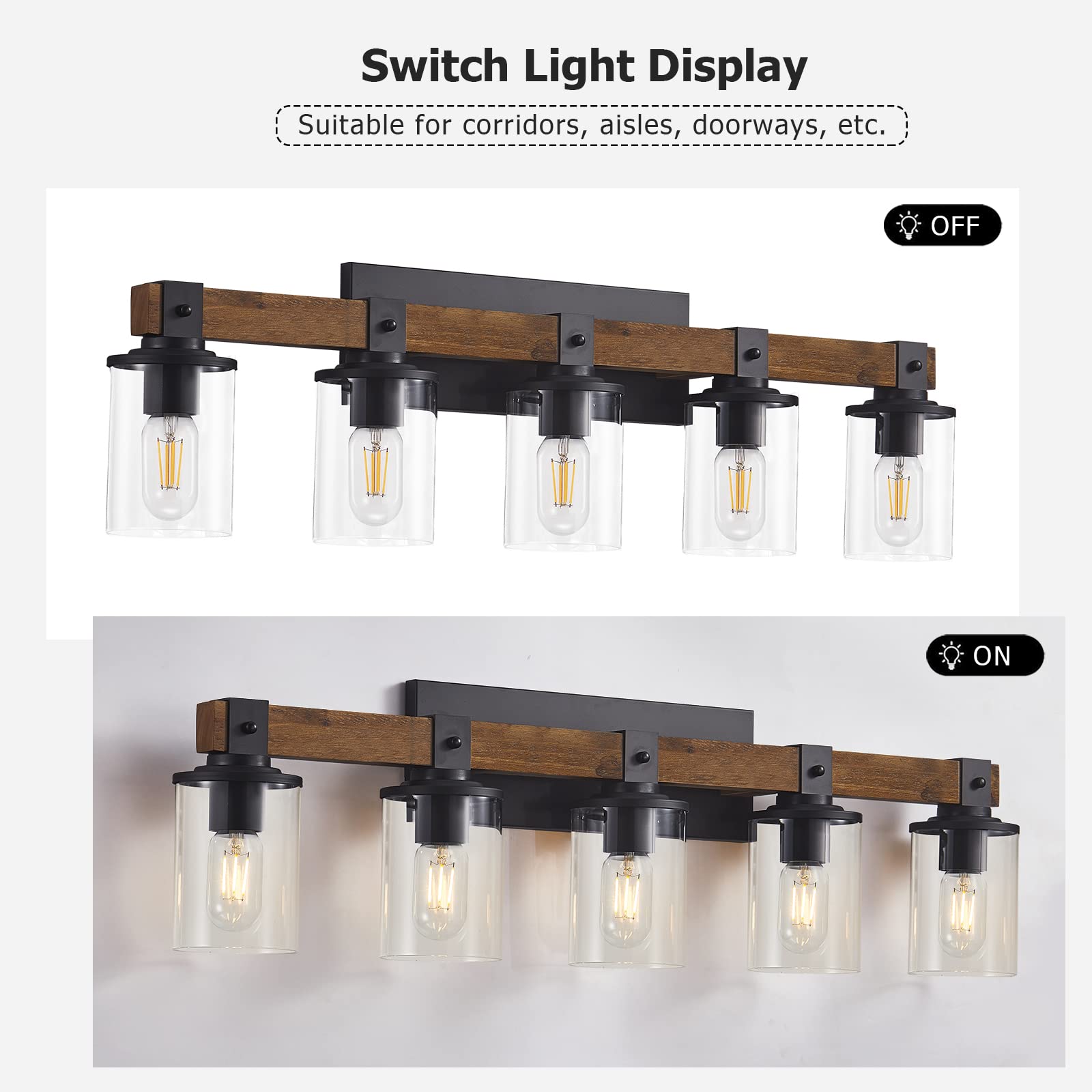 DUJAHMLAND Farmhouse Vanity Light Fixture,3-Light Bathroom Wood Wall Light Over Mirror with Clear Glass Shade, Rustic Vintage Wall Sconce Lighting.(Antique Wood, 3-Light)