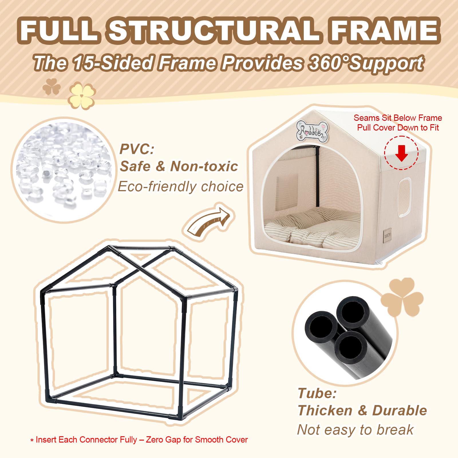 Jiupety Indoor Dog House with Frame, Cute Dog Tent Bed with Cover Cave, Breathable, Washable, and Foldable House, Suitable for 10-20 Lb Puppy and Cats, Medium (17"×17"×17"), Beige