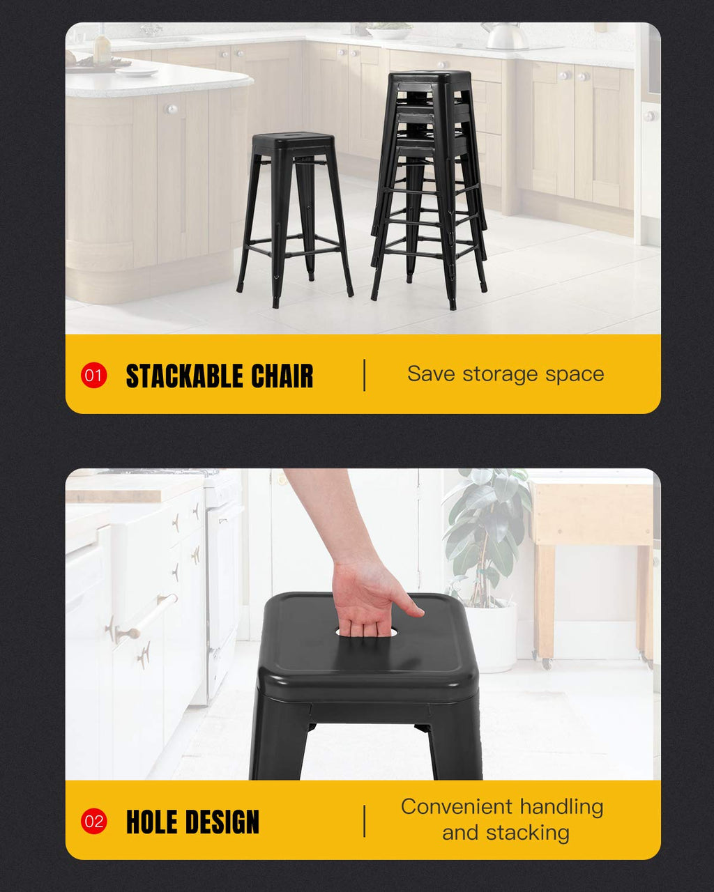 FDW Metal Bar Stools Set of 4 Counter Height Bar Stools 24 Inches Industrial Bar Chairs Patio Stool Stackable Backless Stool Indoor Outdoor Metal Kitchen Stools Bar Chairs (Black, 24")