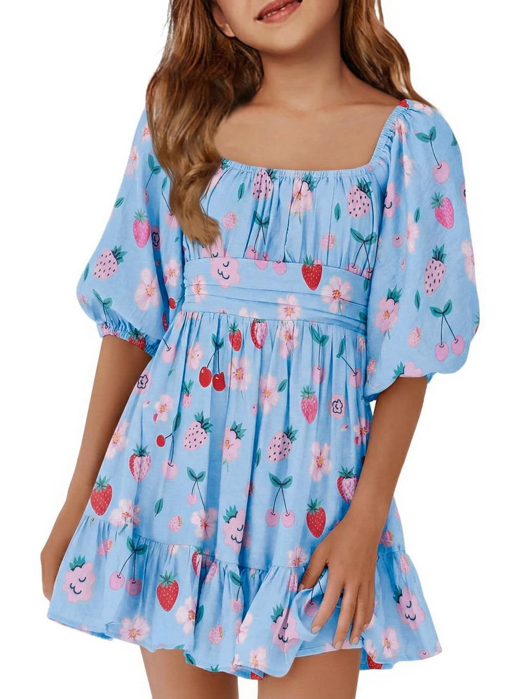 Girls Summer Dresses Square Neck Lantern Sleeve Tie Backless Ruffle A-Line Party Mini Dress