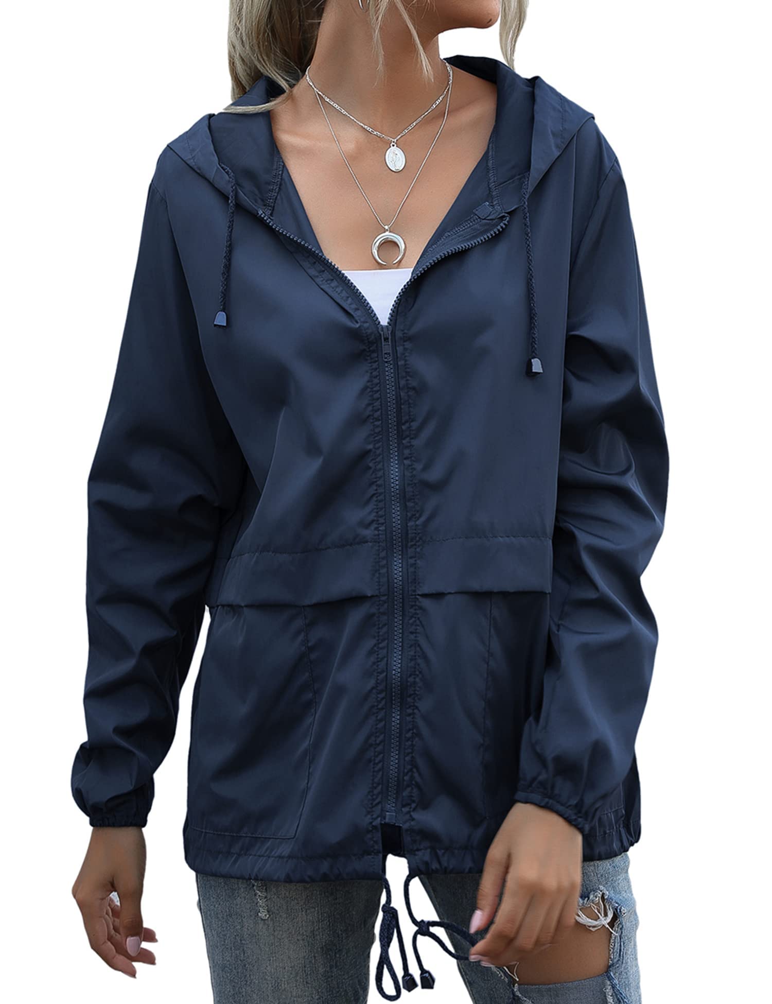 Women's Raincoats Lightweight Waterproof Windproof Adjustable Windbreaker Rain Jackets Hooded with Pockets S-XXL
