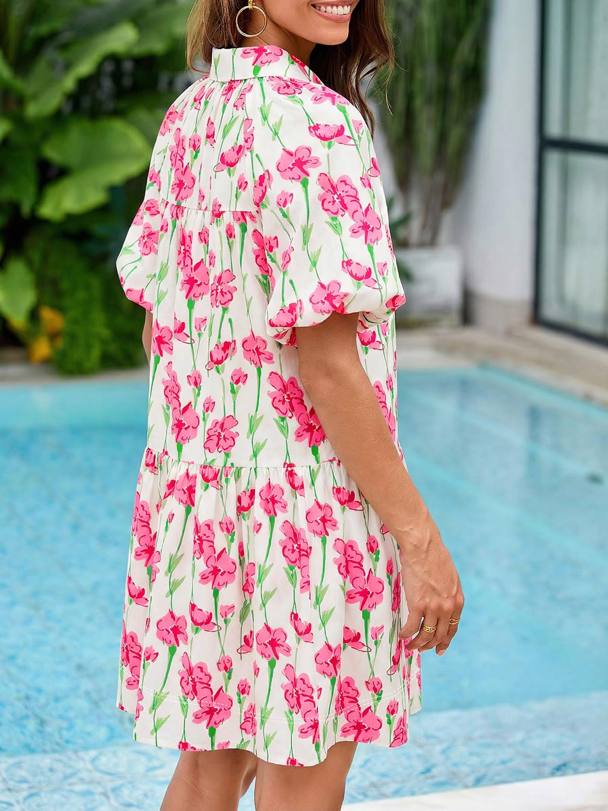 Wenrine Women's Summer Button Down Shirt Dress Floral Puff Short Sleeve Casual Loose Fit Beach Mini Dresses