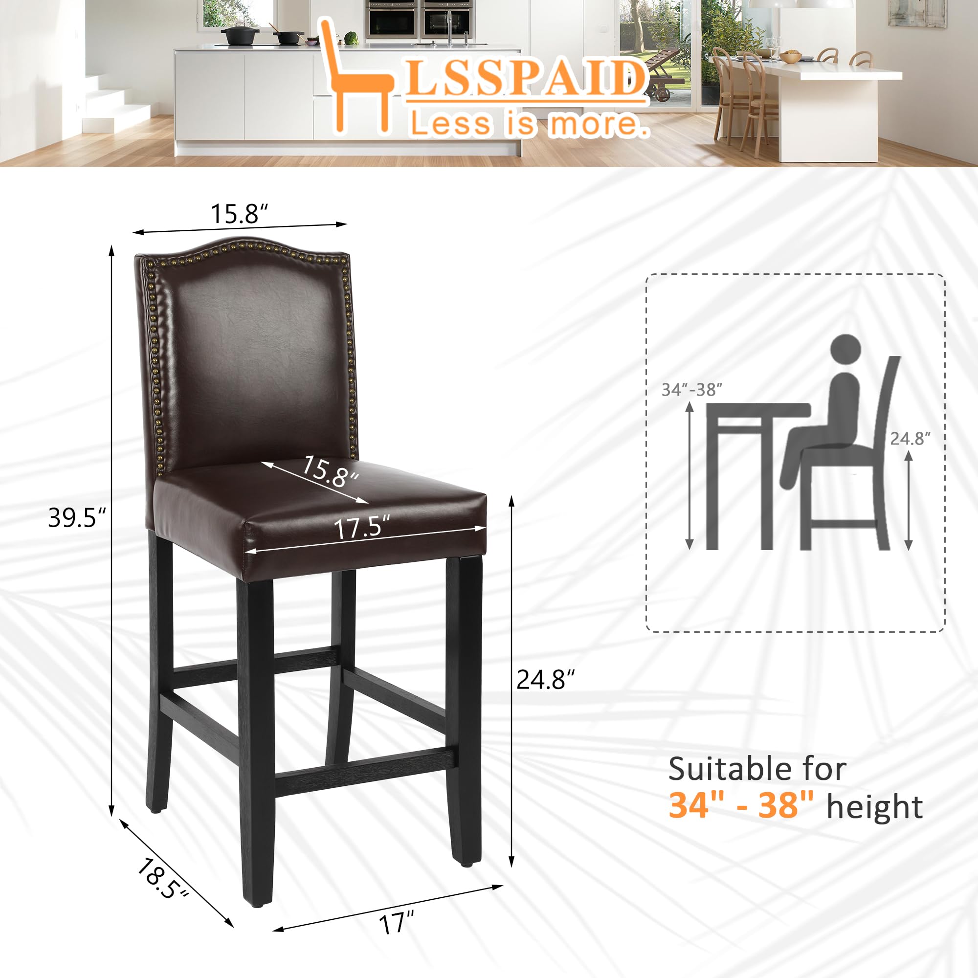 LSSPAID Counter Height Bar Stools Set of 2, 24.8 Inch Modern Upholstered Fabric Barstools, Kitchen Island Chairs with Bronze Nail Backrest and Solid Wood Legs for Kitchen Pub Home Cafe, Beige