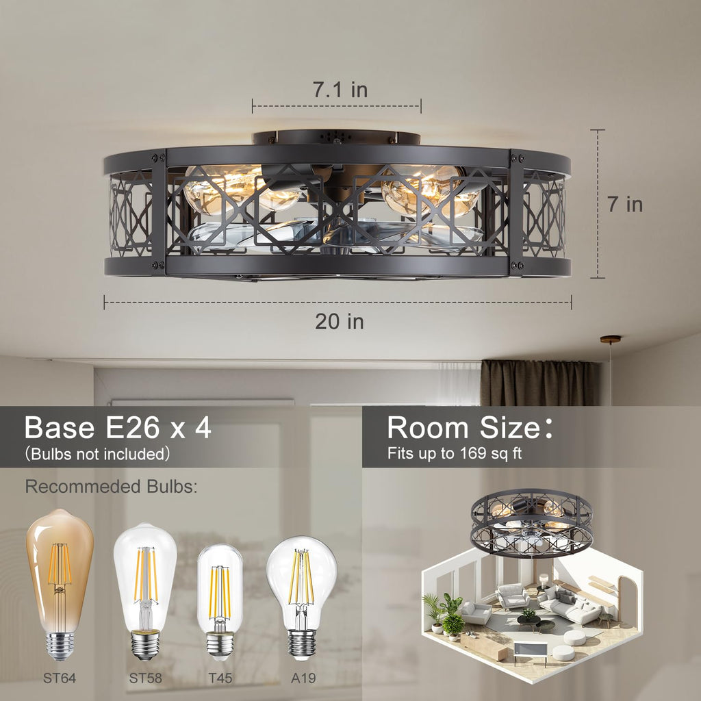 ZYD Caged Ceiling Fan with Light, 20" Ceiling Fan with Lights and Remote Flush Mount, Bladeless Caged Ceiling Fans with Lights, Matte Black Rustic Fan for Bedroom, Kitchen, Dining Room