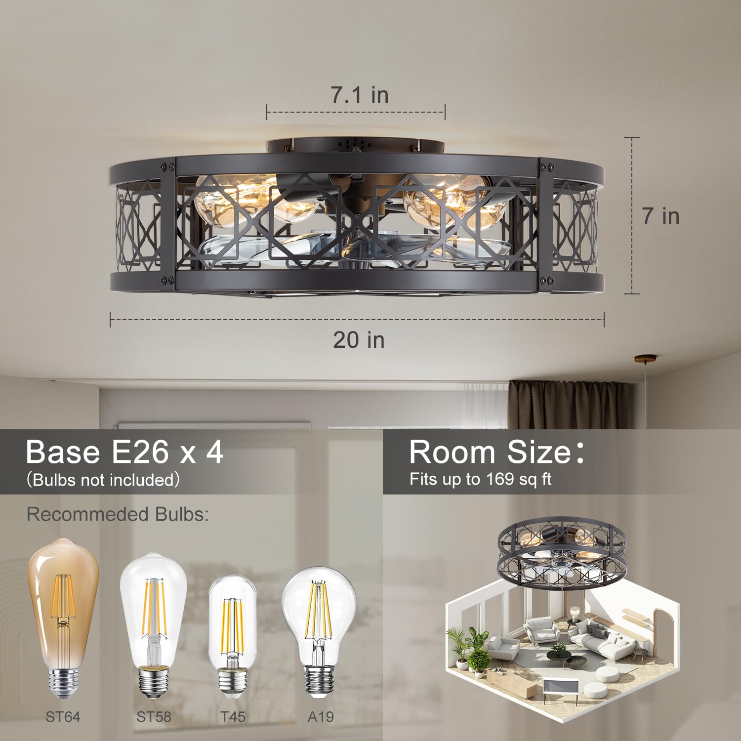 ZYD Caged Ceiling Fan with Light, 20" Ceiling Fan with Lights and Remote Flush Mount, Bladeless Caged Ceiling Fans with Lights, Matte Black Rustic Fan for Bedroom, Kitchen, Dining Room
