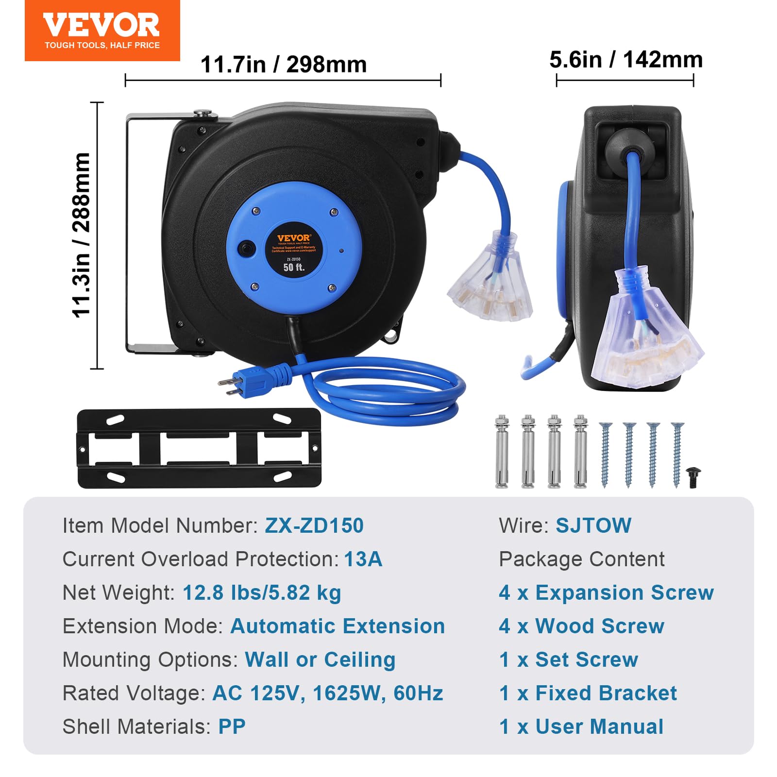 VEVOR Retractable Extension Cord Reel, 30 FT, Heavy Duty 16AWG/3C SJTOW Retractable Power Cord Reel with Lighted Triple Tap Outlet 10 Amp Circuit Breaker 4.5FT Lead-in Cord, for Ceiling or Wall Mount
