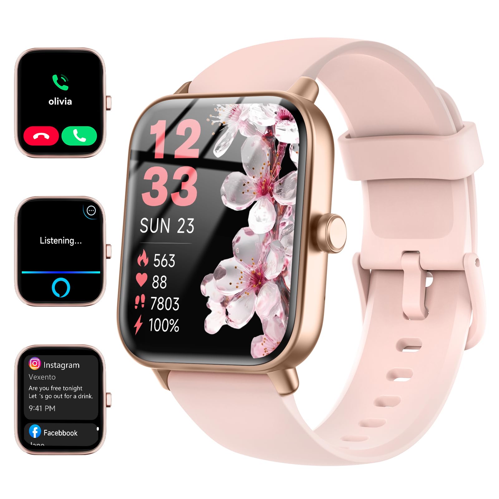Quican Smart Watches for Women, Compatible for iPhone and Android Phones, Calling, Heart Rate/Sleep Monitor, Alexa, 1.8" Fitness Tracker Watch, Waterproof, Gifts for Women, Silicone Band, Baby Pink