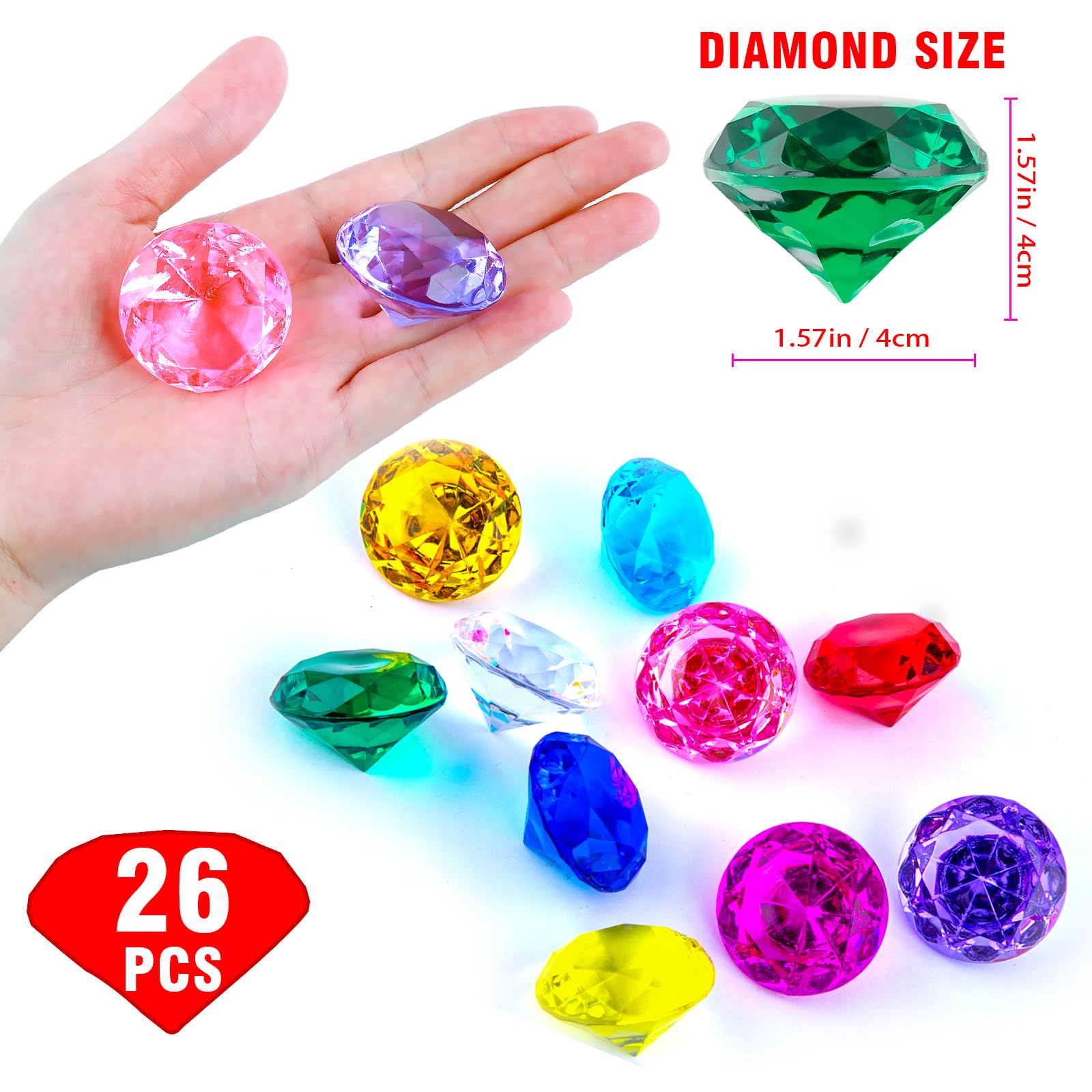 Niceup 26PCS Blue Fake Diamonds Gem Toys, 1.5in Pool Diving Gems Acrylic Plastic Gemstones for Kids, Party Décor Jewels Treasure Hunt Hiding Sensory Bin Filler Toys Craft Supplies