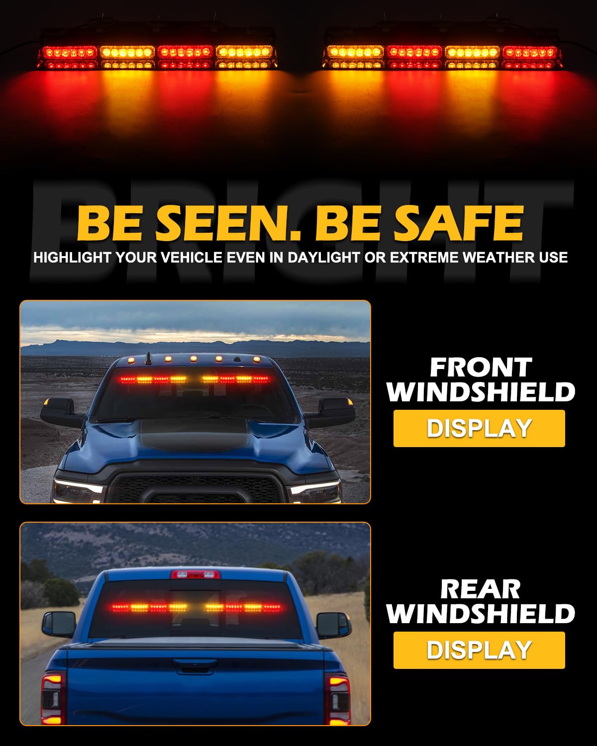 HLauto 604N Emergency Dash Strobe Lights: 2x16.8 inch Amber White Security Light w/Take Down, 48 LED Safety Flashing Warning Hazard Interior Windshield Light Bar for Truck Vehicle