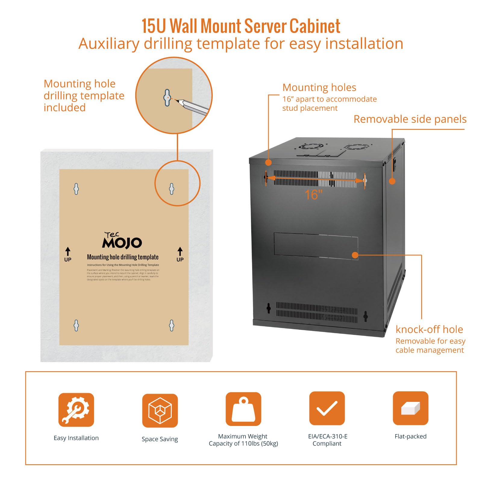 Tecmojo 15U Wall Mount Rack Network Cabinet for 19" IT Equipment,with Lockable Glass Door and Side Panels,Cooling Fan,17.7inch Depth,Black (15U)