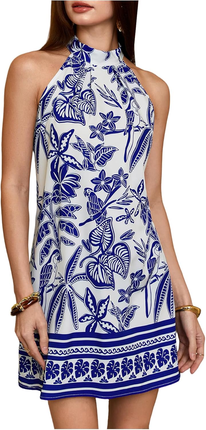 Floerns Women's Sleeveless Floral Print Sundress Halter Neck A Line Short Dress