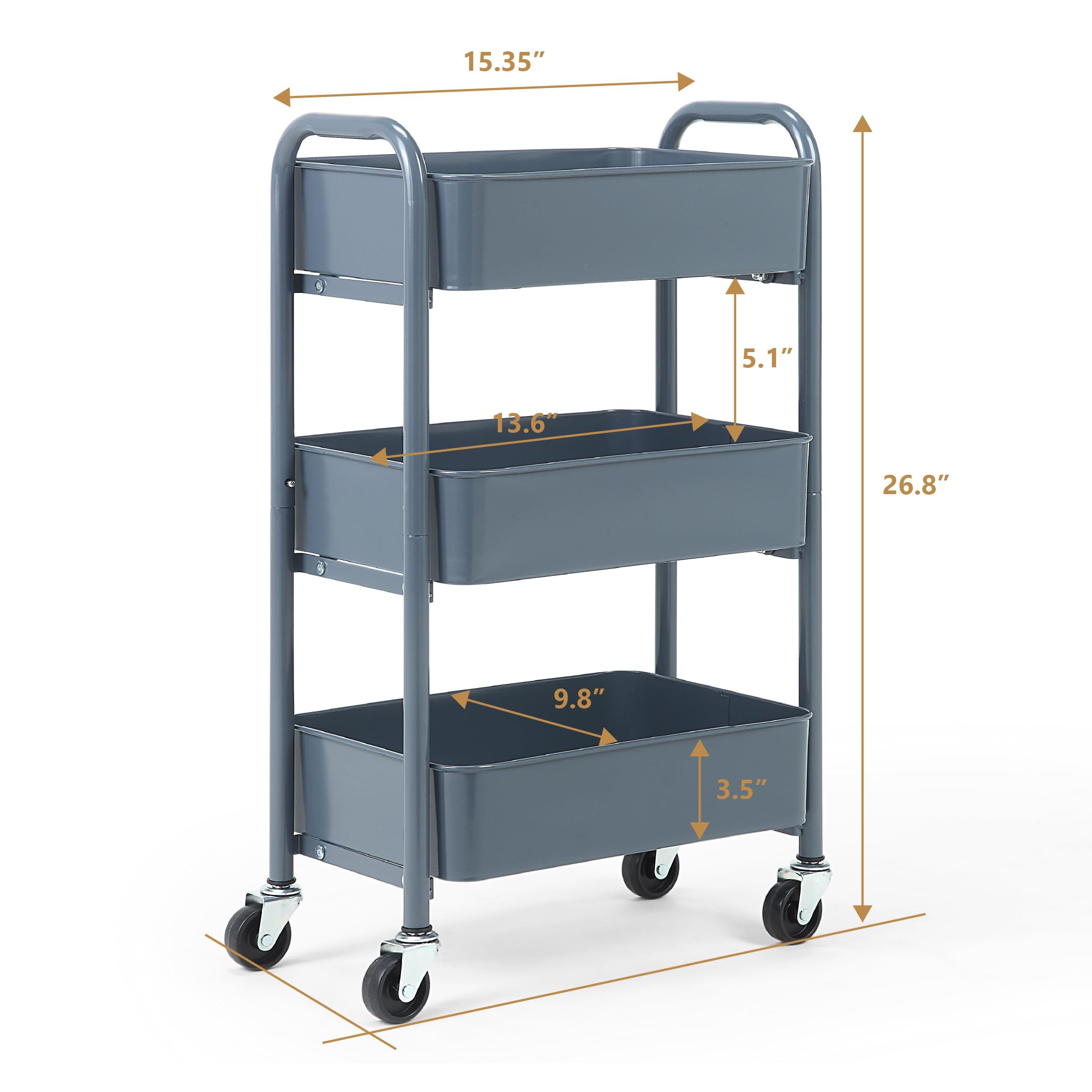 SunnyPoint 3-Tier Delicate Compact Rolling Metal Storage Organizer - Mobile Utility Cart Kitchen/Under Desk Cart with Caster Wheels - Army (15.35" X 10.24" X 26.8"H)