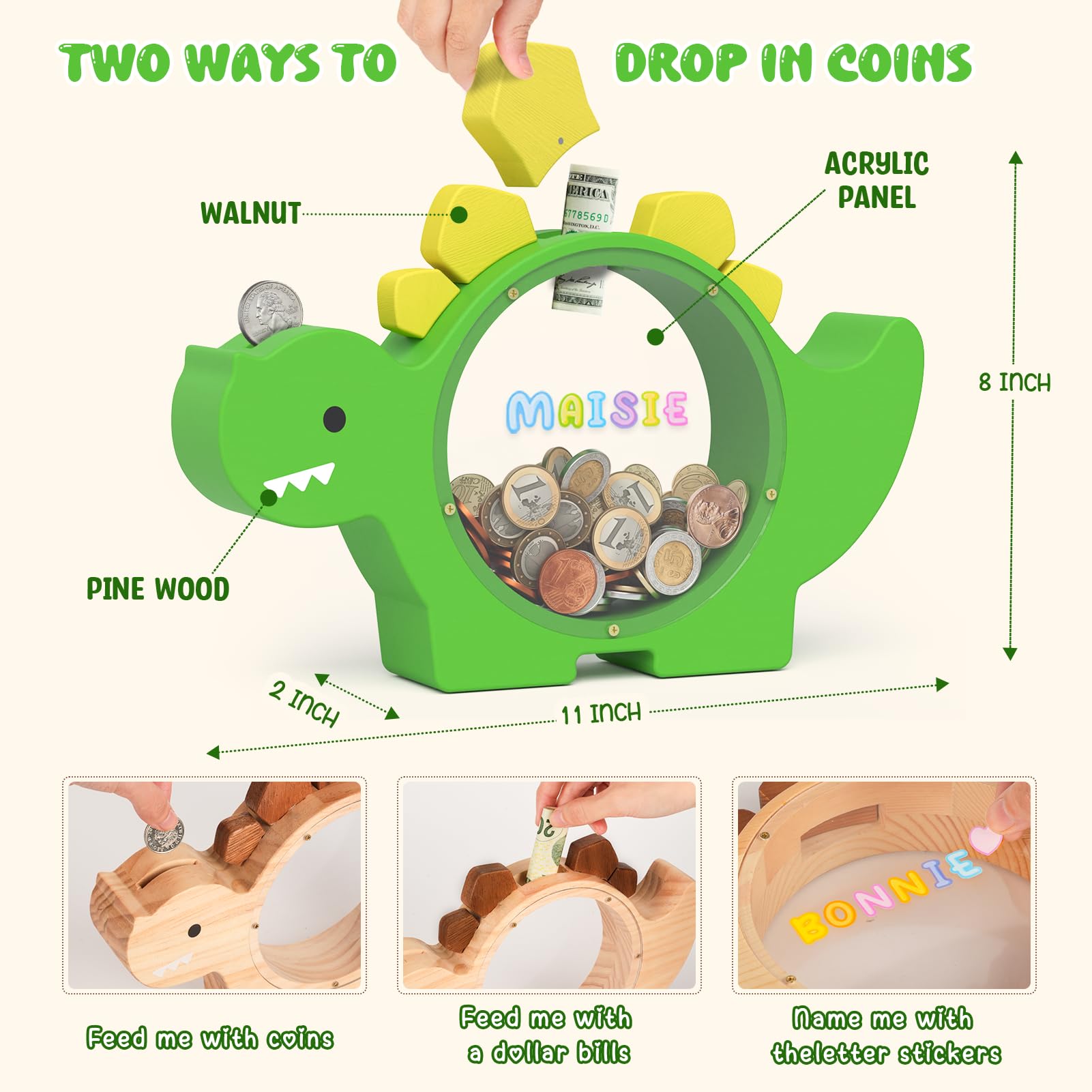 Summidate Wooden Dinosaur Piggy Bank for Kids Boys, Cute Wood Dino Money Bank for Toddlers, Creative Saving Coin Jar, Personalized Present for Child Birthday & Decor (Brachiosaurus, Custom)