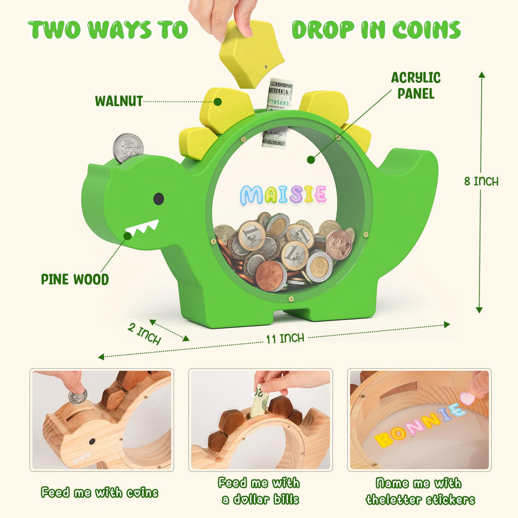 Summidate Wooden Dinosaur Piggy Bank for Kids Boys, Cute Wood Dino Money Bank for Toddlers, Creative Saving Coin Jar, Personalized Present for Child Birthday & Decor (Brachiosaurus, Custom)