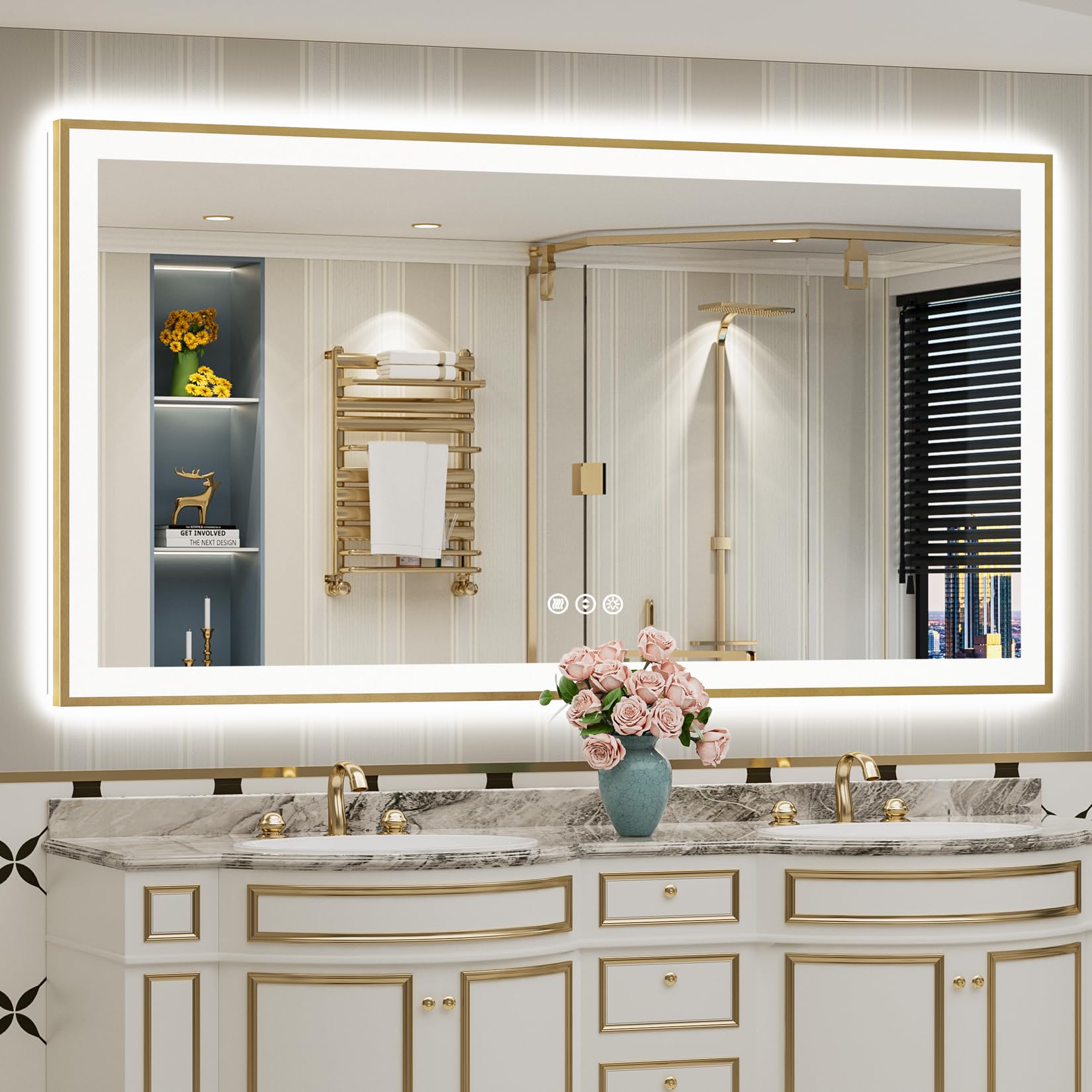 24x36 Gold Beveled LED Bathroom Mirror with Lights, Brushed Gold Framed Backlit and Front Lit Anti-Fog Lighted Vanity Mirrors for Bathroom Wall, Dimmable, 3 Colors, Memory, HD Tempered Glass