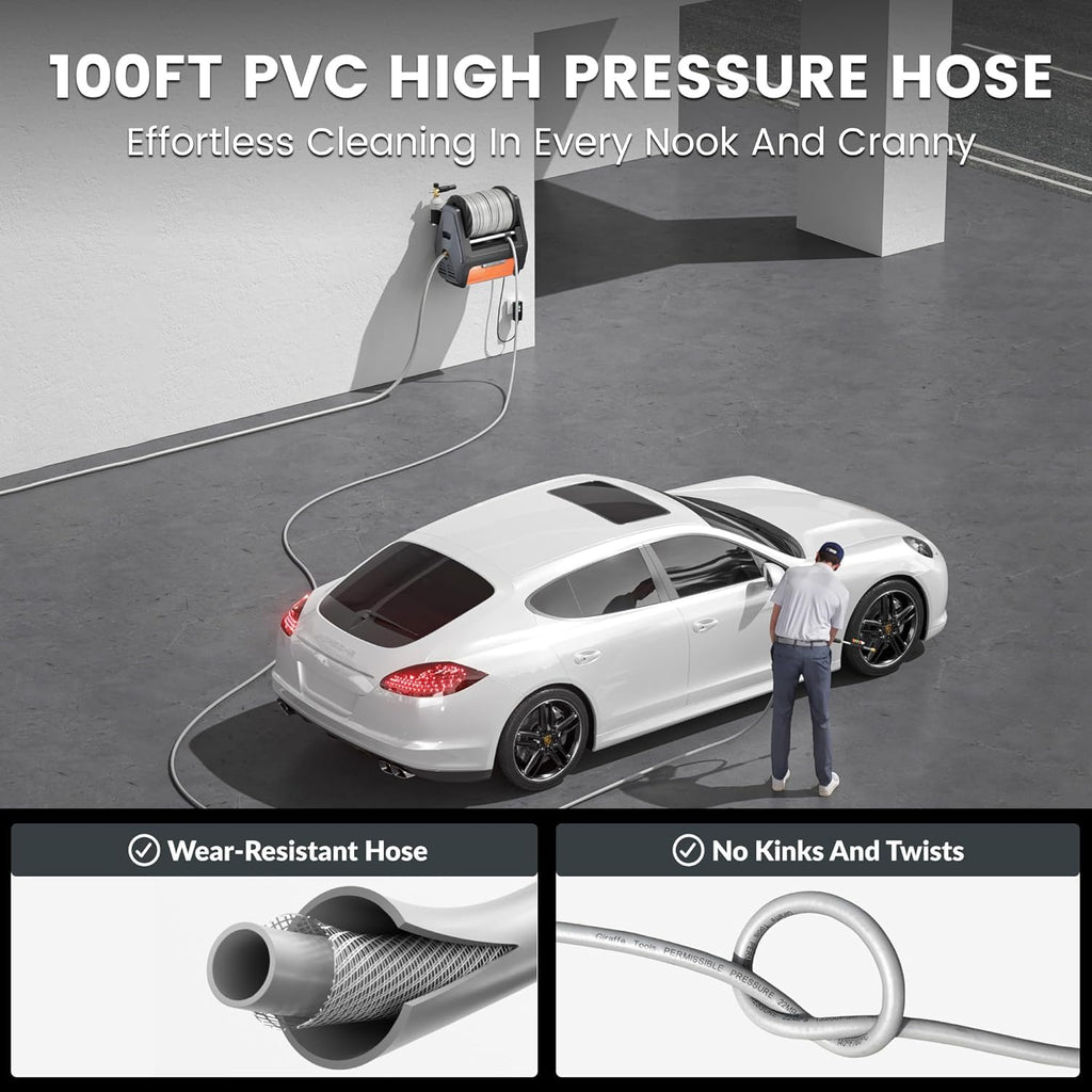Giraffe Tools Grandfalls Retractable Wall Mounted Pressure Washer Pro, 3700 PSI, 1.6 GPM Electric Power Washer, Automatic Rewind, 100ft Pressure Hoses, 5 Nozzles for Cars/Fences/Patios, Dark Silver