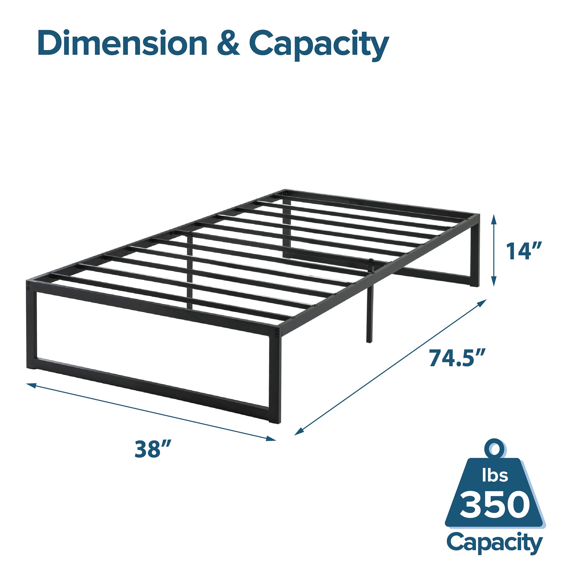 Zinus ABEL 14 Inch Platform Bed Frame, Steel Slat Support, Easy Assembly, No Box Spring Needed, Eco Friendly WonderBox(TM) Packaging, Black, Twin