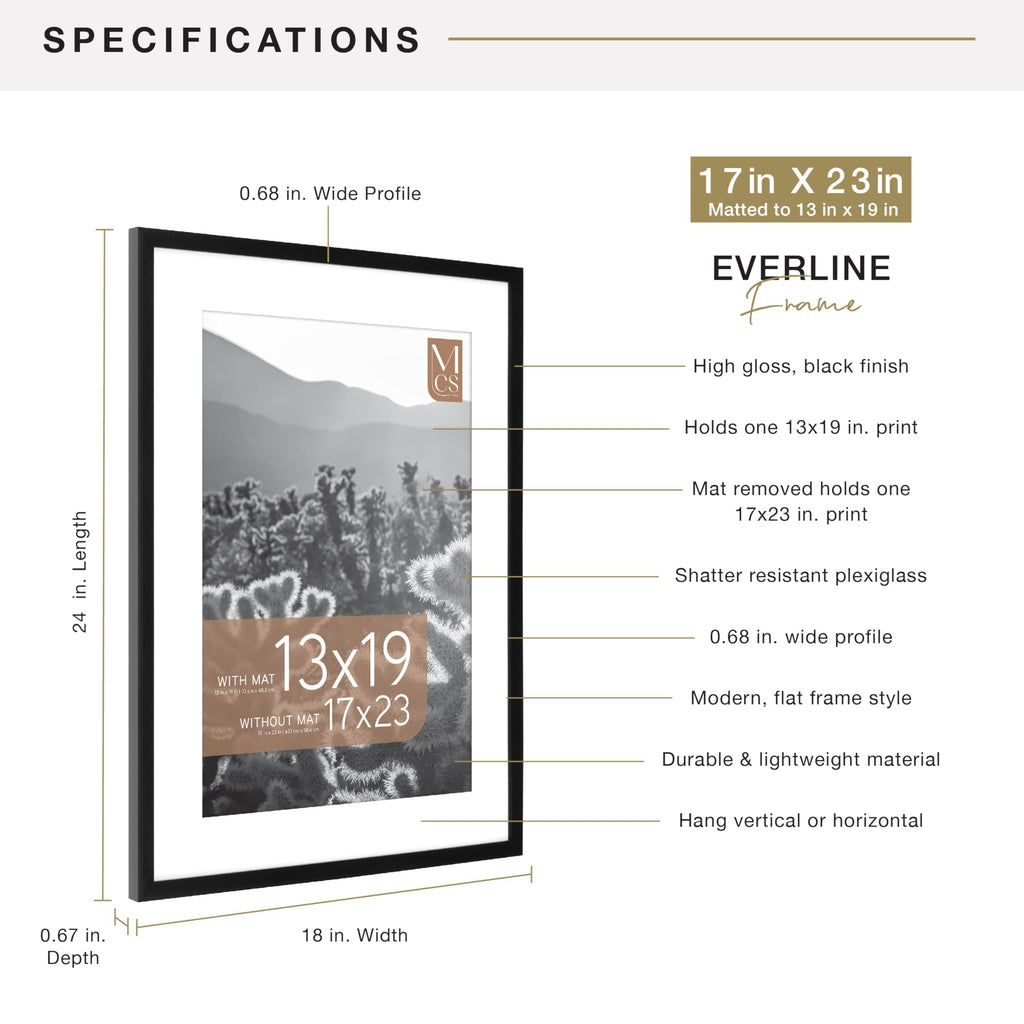 MCS Everline Collection 14x20 Matted Poster Frame with 11x17 Picture Display, Black Vertical & Horizontal Wall Hanging Large Frame for Photos, Posters & Art Prints (1-Pack)