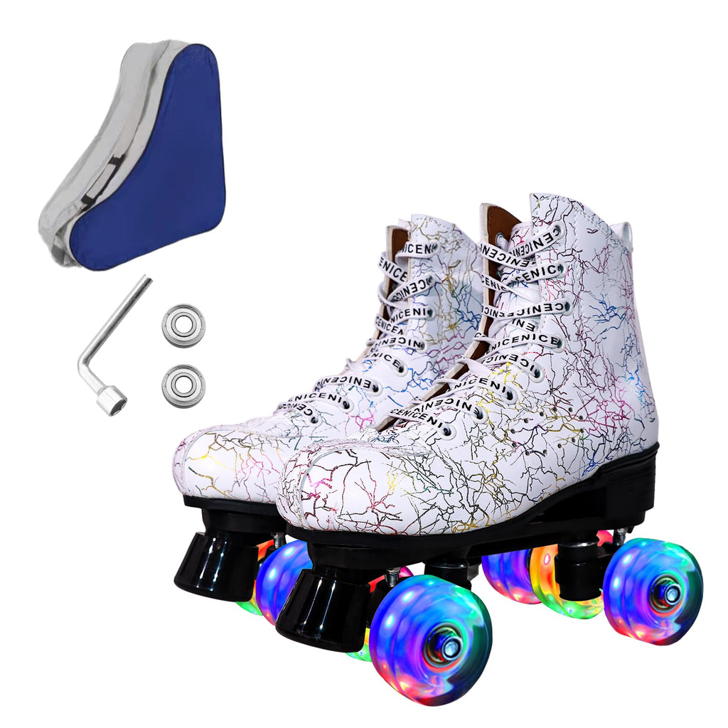 Roller Skates for Men and Women, Black Derby Roller Skates with 4 Shiny Wheel, Classic Double-Row Roller Skates for Indoor and Outdoor
