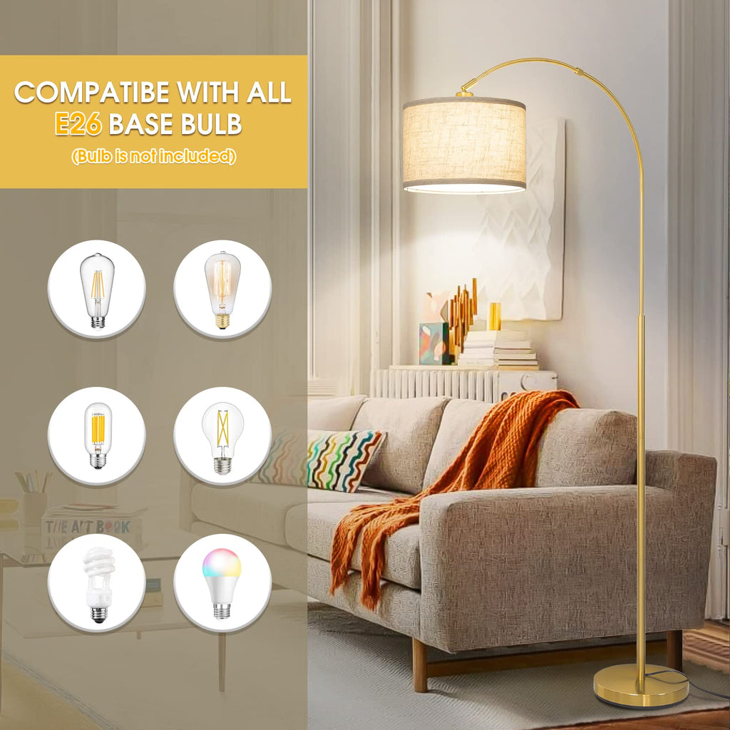 Rattan Floor Lamp, Arc Floor Lamps for Living Room, Farmhouse Standing Lamp with Adjustable Hanging Fabric Shade, Tall Pole Lamp with Foot Switch, Over Couch Arched Reading Light for Bedroom, Office