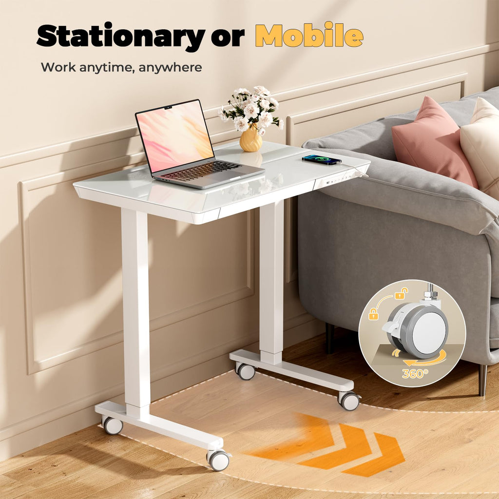 Glass Electric Standing Desk with Drawer, 35" x 20" Whole Piece Tabletop Samll Sit Stand Table, Height Adjustable Workstation with Storage & USB Ports, Quick Install Home Office Desk