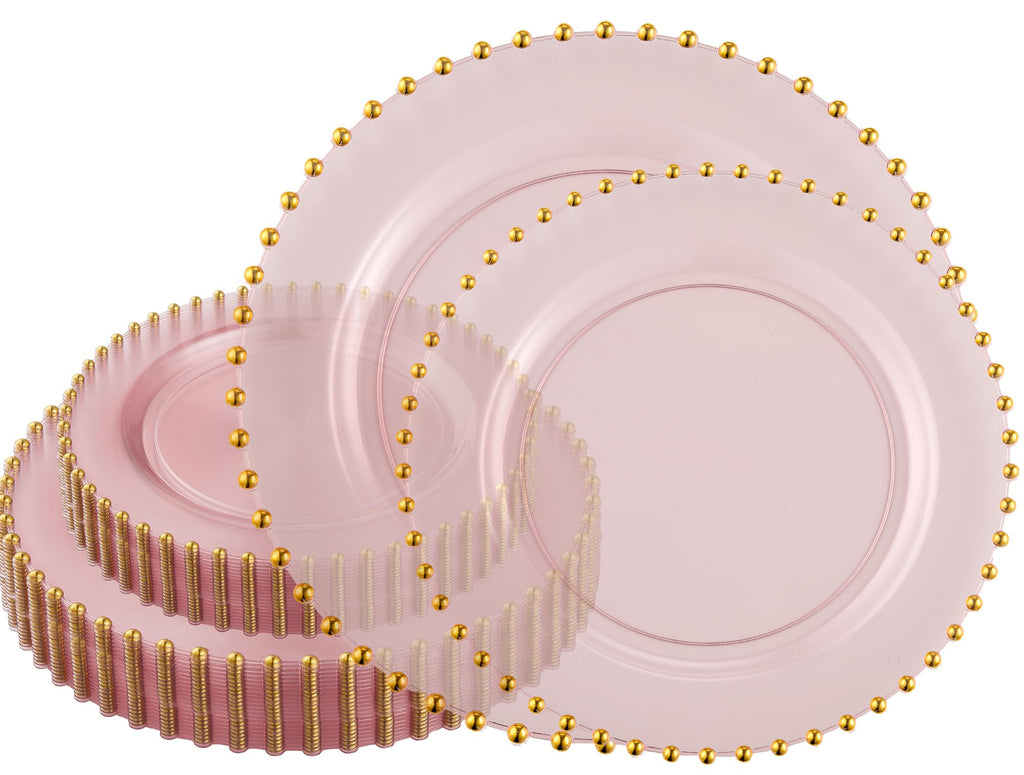 PLASTICPRO 32 Piece Combo Plastic Dinner Plates Disposable Plastic Fancy Heavy Duty Party Dishes 7 inch and 10 inch, Black and Gold Beaded