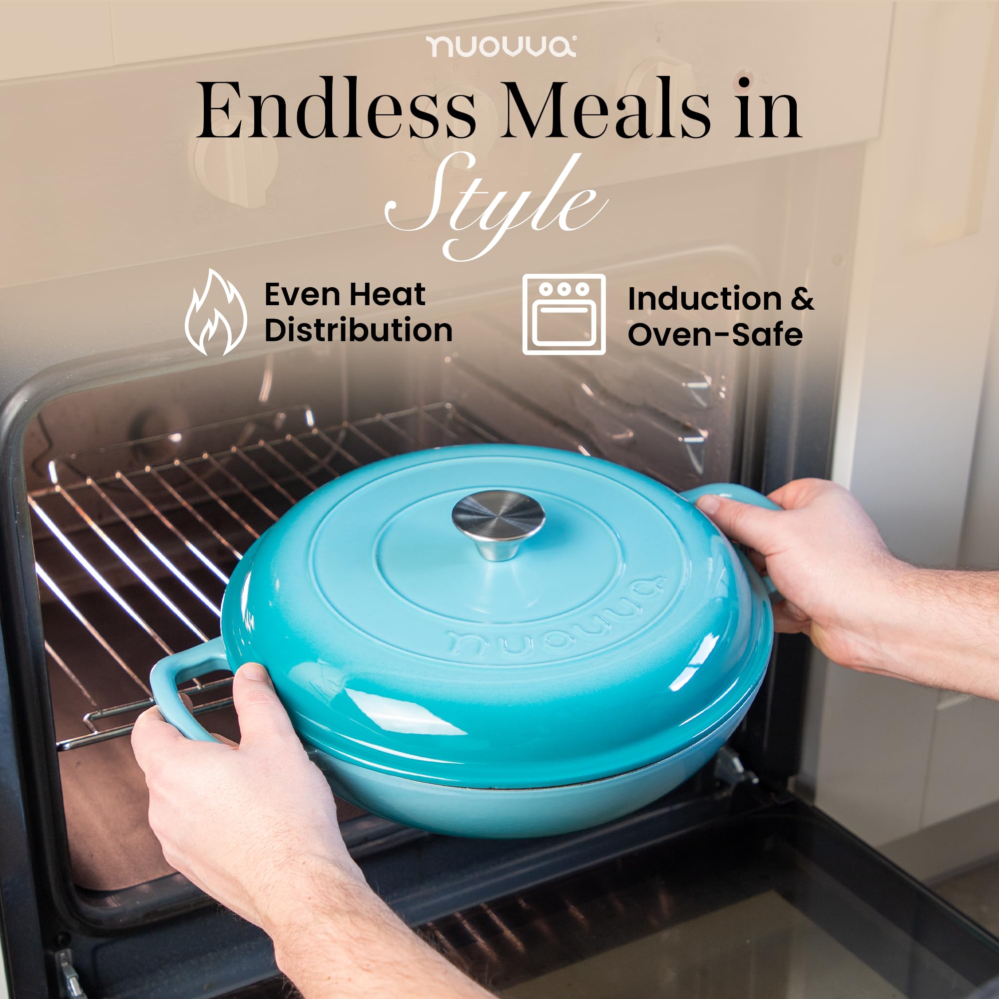 Shallow Cast Iron Casserole with Lid – Non Stick Dutch Oven Pot, Oven Safe up to 500° F – Sturdy Ovenproof Stockpot Cookware – Enamelled Cooking Pot – Black, 5-Quart, 32cm – by Nuovva