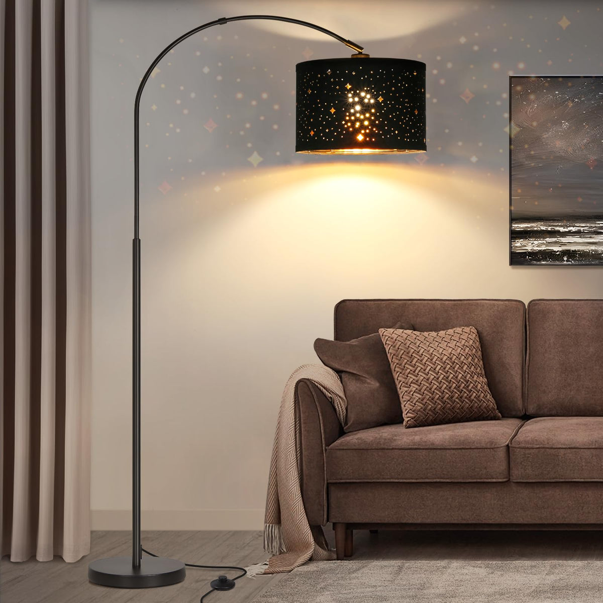 Rattan Floor Lamp, Arc Floor Lamps for Living Room, Farmhouse Standing Lamp with Adjustable Hanging Fabric Shade, Tall Pole Lamp with Foot Switch, Over Couch Arched Reading Light for Bedroom, Office