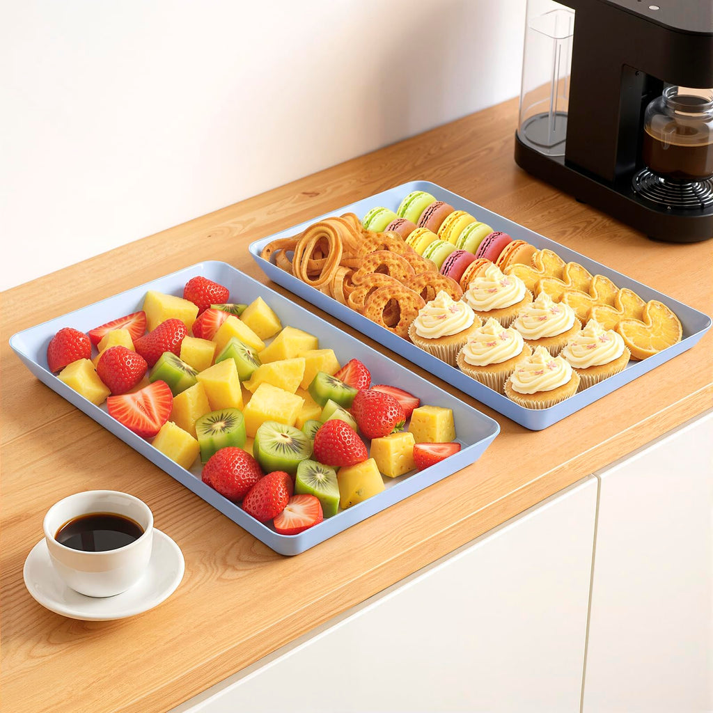 WOWBOX 4 pcs Serving Tray for Entertaining, Serving Platters for Snacks, Fruit, Cookies, Dessert, Reusable Plastic Trays for Serving Food, (White, Black, Green, Red)
