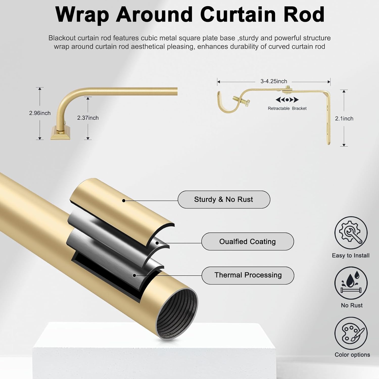 Hei!Dear 2 Pack Blackout Curtain Rod for Windows 28 to 48 inch (2.33-4Ft), Wrap Around Room Darkening Curtain Rods, 5/8" Samll Adjustable Modern Decorative Window rod,Gold