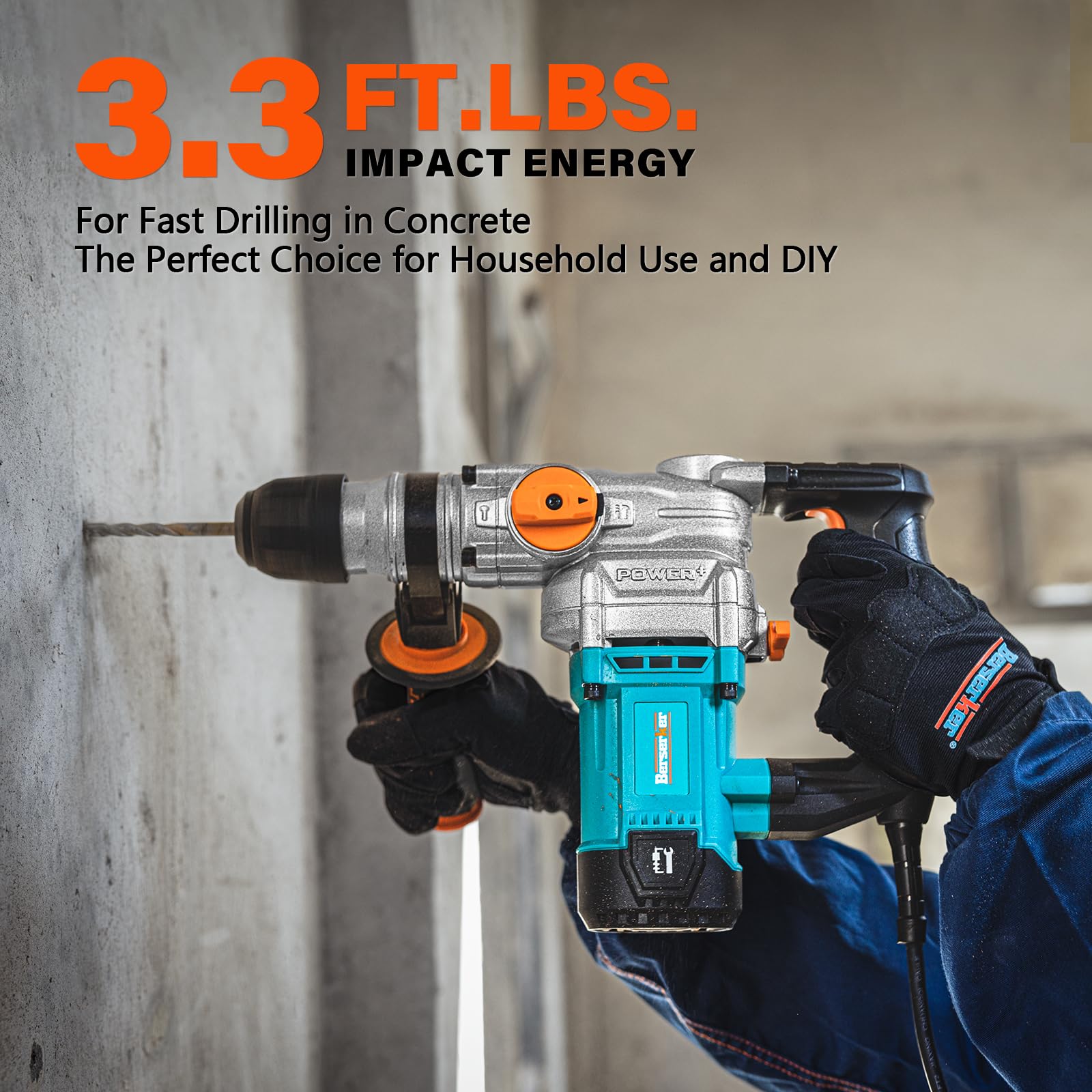 Berserker 1-1/8" SDS-Plus Rotary Hammer Drill with 1/2" Keyless Adapter | 1050W 9 Amp 3 Functions 9.5 lb. Corded Electric Safety Clutch Rotomartillo for Concrete Cement Masonry Drilling,Tile Removal