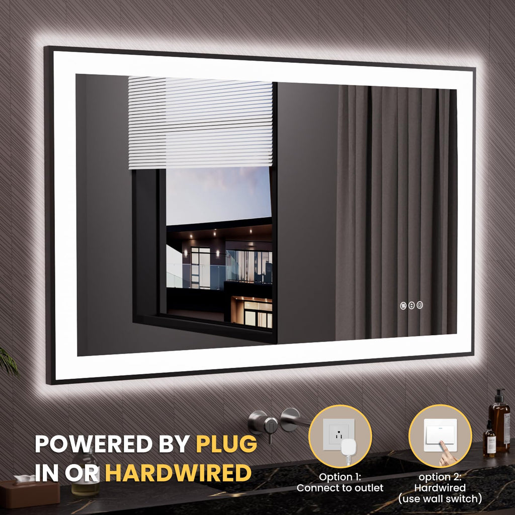 LOAAO 20"X28" LED Bathroom Mirror Black Framed | Anti-Fog, Dimmable, Memory Function, Tempered Glass, Lighted Vanity Mirror for Wall