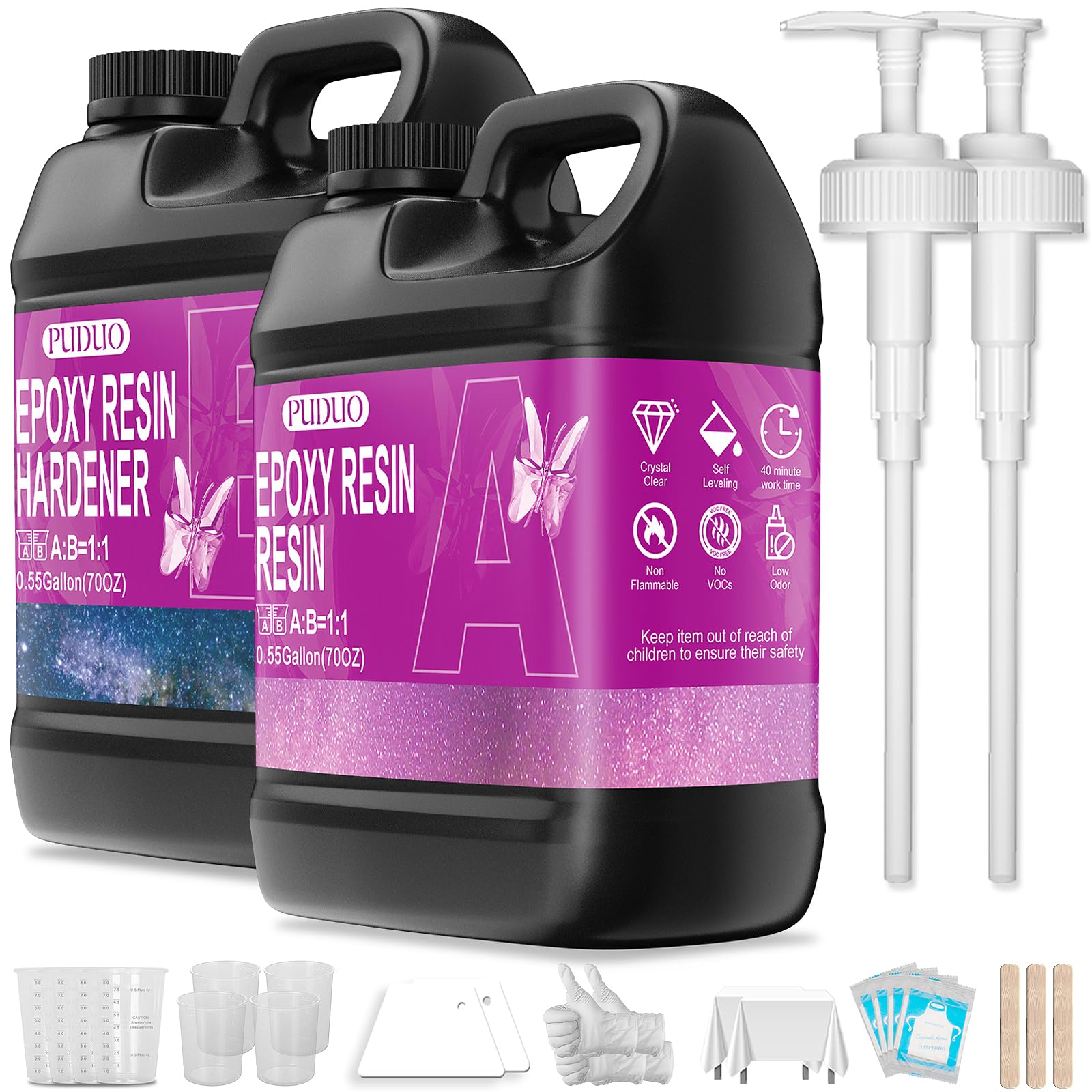 Puduo Epoxy Resin Kit 1.1Gallon，Newly Formulated Crystal Clear Epoxy Resin，Strong, Bubble-Free, Anti-Yellowing Art Resin that，Suitable for Casting, DIY, Resin Art, Molds, Easy to Mix 1:1 Ratio