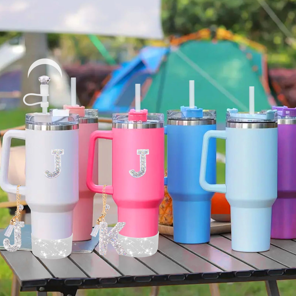 Mity rain Accessories Set for Stanley Cup, Initials Decorations for Tumbler Cup 30/40OZ, Including Diamond Straw Topper/Spill Proof Stopper/Sparkly Silicone Boot Set/Letter Charms for Handle A-Z (A-)