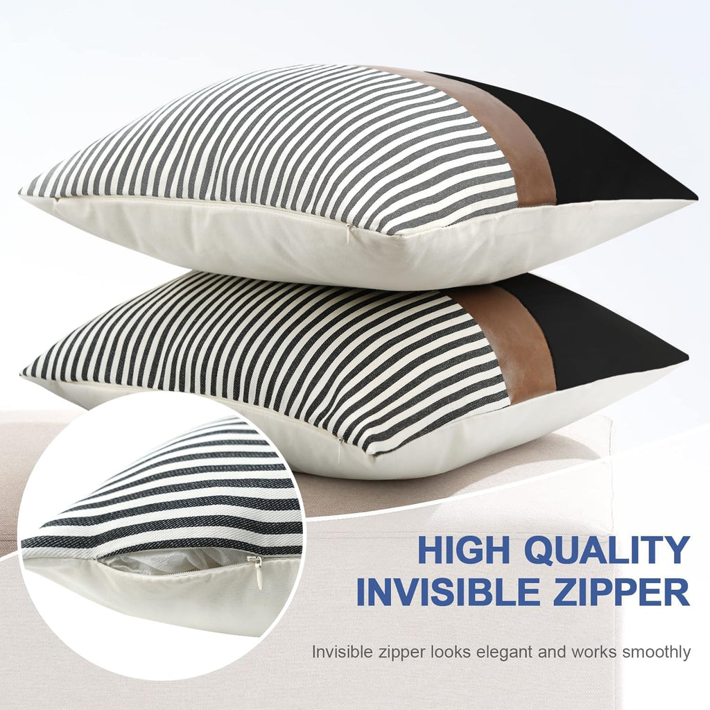 16x16 inch Pillow Covers Set of 2 Farmhouse Decor Stripe Patchwork Linen Throw Pillow Covers Modern Faux Leather Covers for Couch Sofa,Black