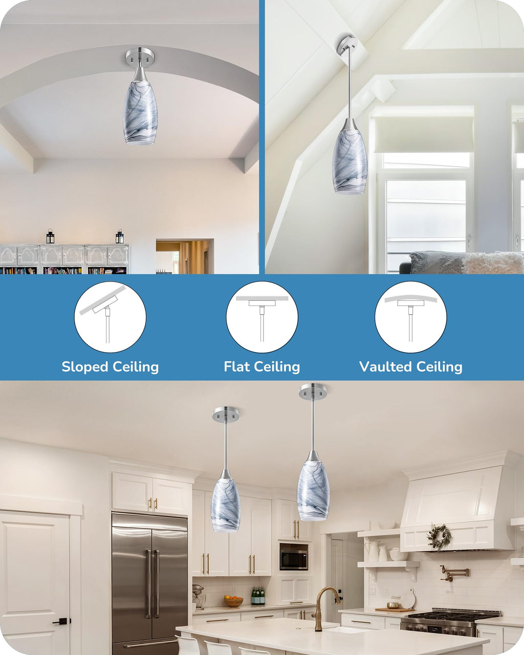 EDISHINE Pendant Light, Hand Blown Hanging Light Fixture, Adjustable Brushed Nickel Rods, 5.12" D x 11.4" H Shade, Blue Glass Pendant Lighting for Kitchen Island, Sink, Bathroom, Dining Room