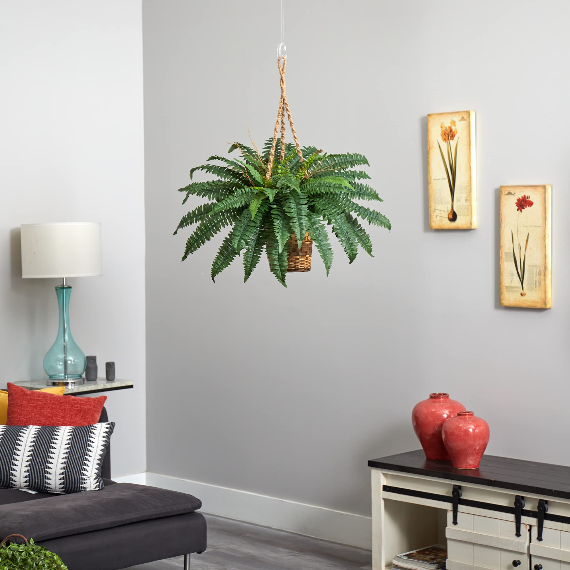 Nearly Natural 6599 18in. Boston Fern Artificial Plant in Hanging Basket, Green,29" x 29" x 18"