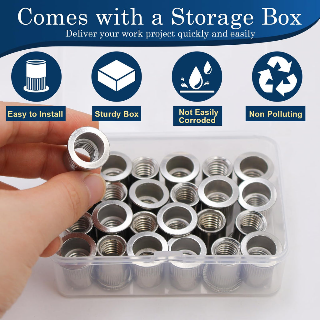1/2''-13 UNC Rivet Nut, 10Pcs 304 Stainless Steel Flat Head Rivnut Threaded Insert Nutsert